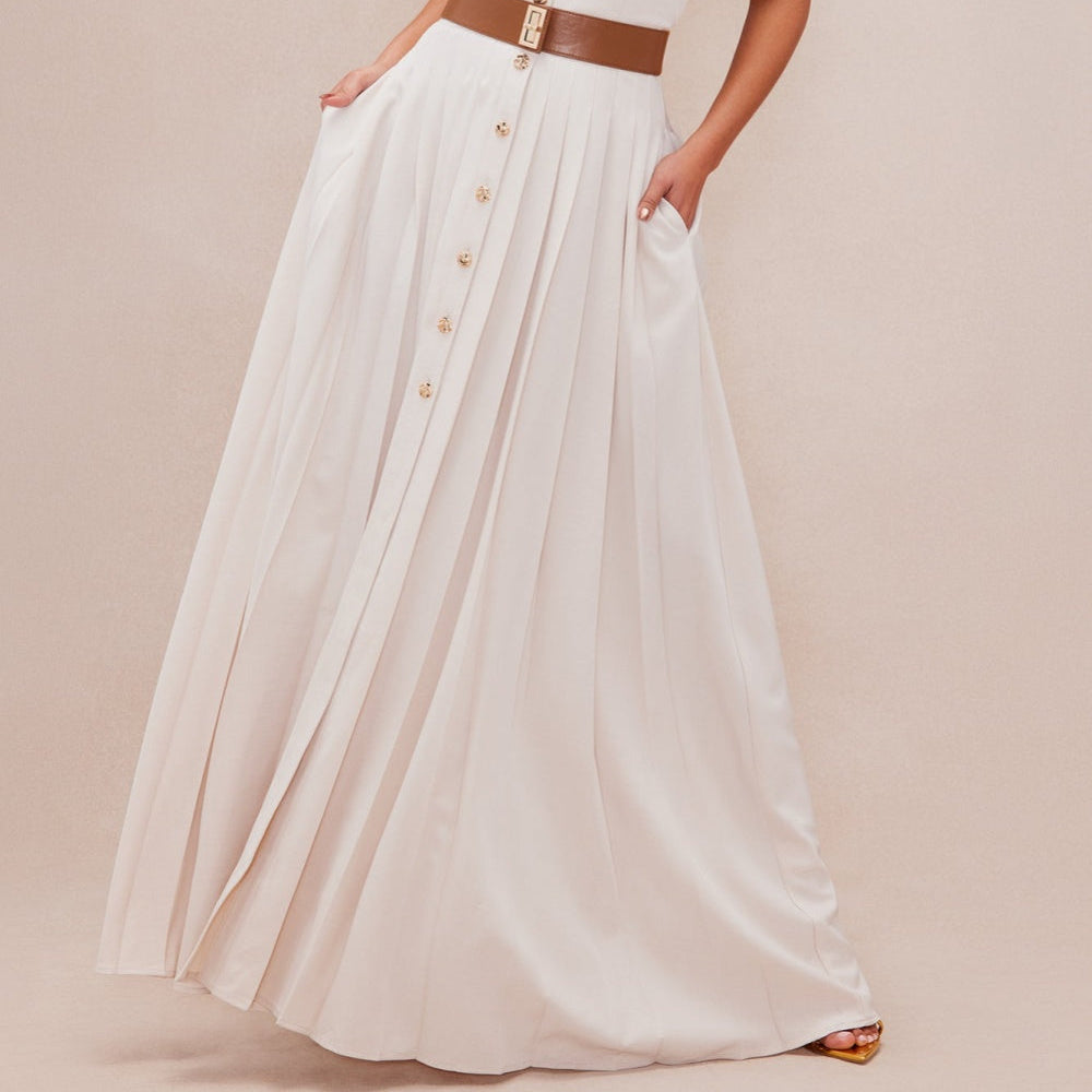Women's Beige Pleated Dress with Elegant Buttons