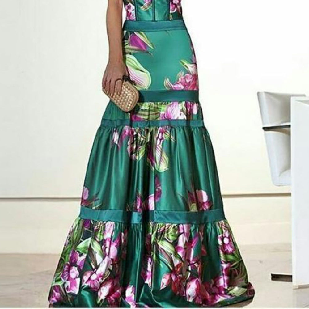 Women's Maxi Satin Long Dress with Printed Panel and Back Straps