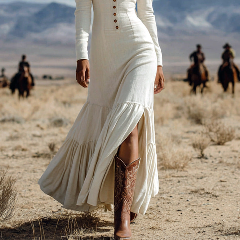 Sexy Long Sleeve Western Style Button-Front Maxi Dress