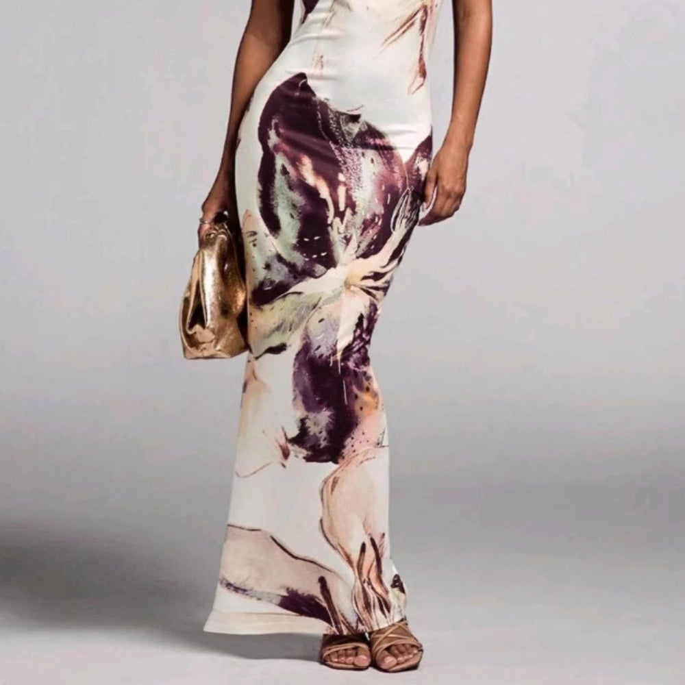 Women's Long pleated one-shoulder printed elegant dress