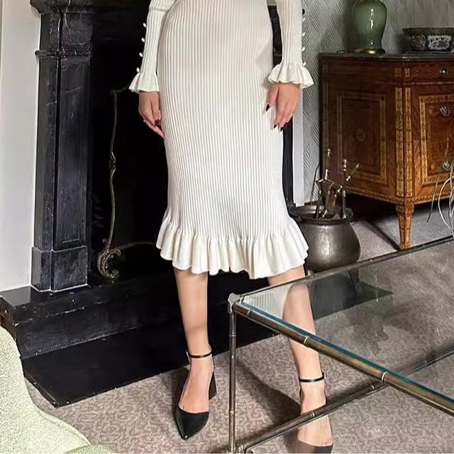 Women's Ruffled Long Sleeve Knitted Midi Dress - Elegant and Cozy