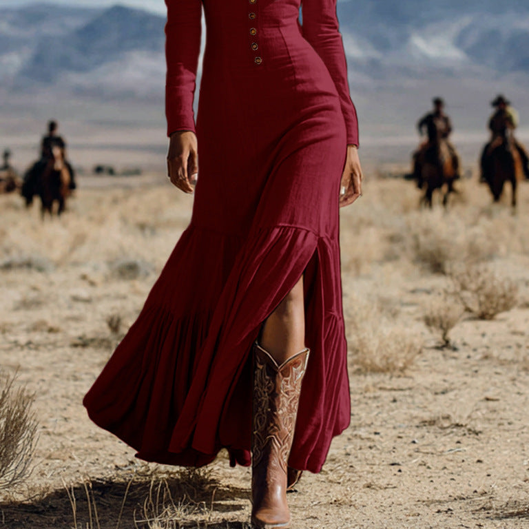 Sexy Long Sleeve Western Style Button-Front Maxi Dress