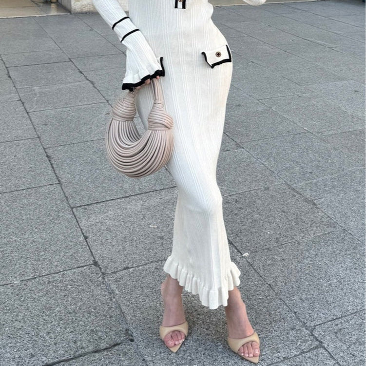 Women's Elegant color-block knit maxi dress in Chanel style