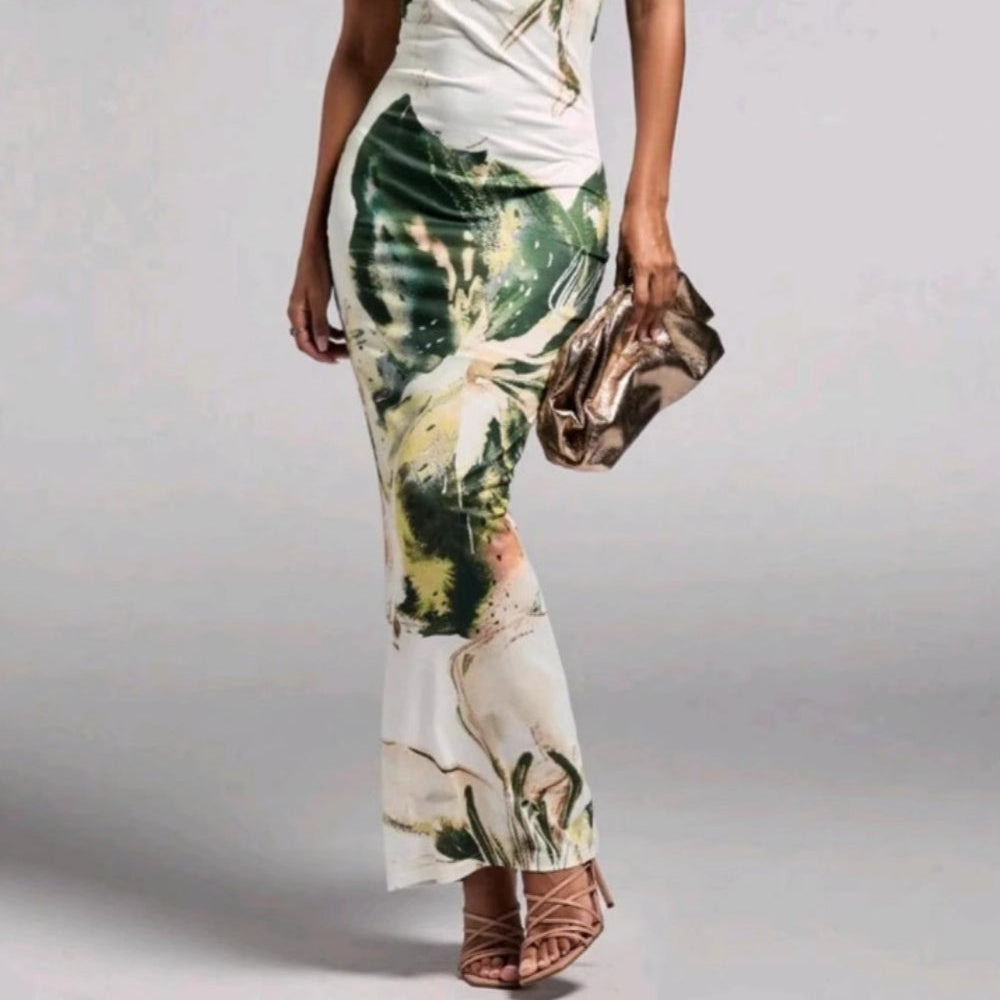Women's Long pleated one-shoulder printed elegant dress