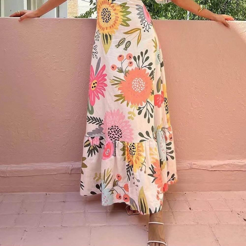 Women's Maxi Dress with Square Neckline and Floral Print with Puff