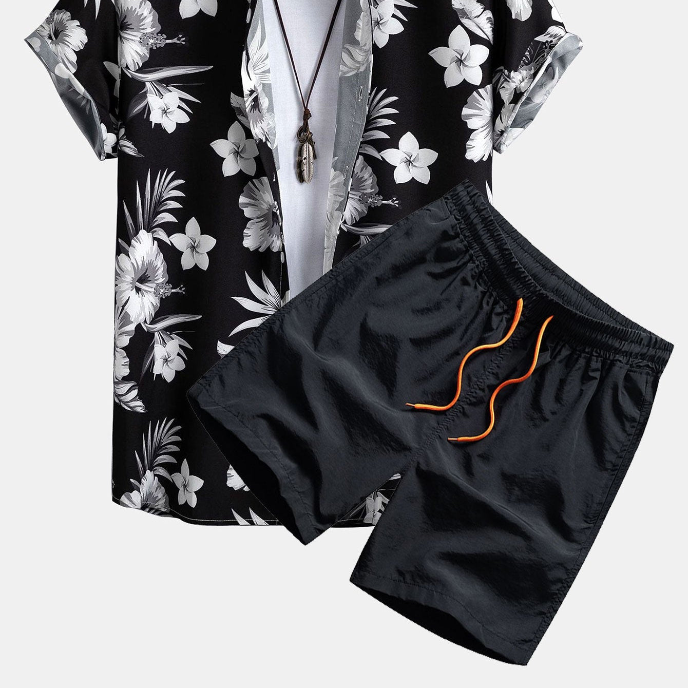 Men's Tropical Floral Print Button-Up Shirt & Swim Shorts Set