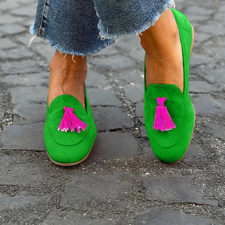 Women's Emerald Green Loafer with a Bold Fuchsia Tassel
