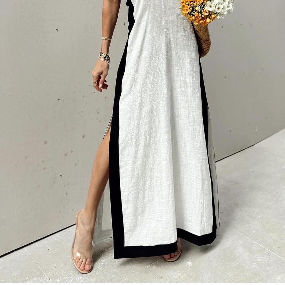 Women's Maxi Flared Dress with Halter Neck and Color Block with Slit