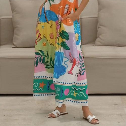 Women's Sleeveless High-Waist Tropical Print Maxi Dress