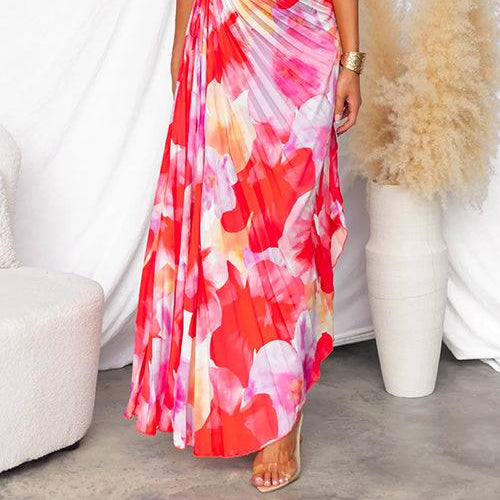 Asymmetrical sleeveless printed and pleated long dress for a unique style