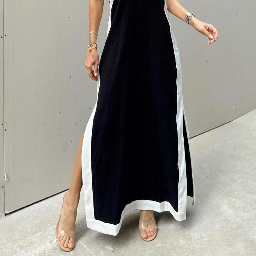Women's Maxi Flared Dress with Halter Neck and Color Block with Slit