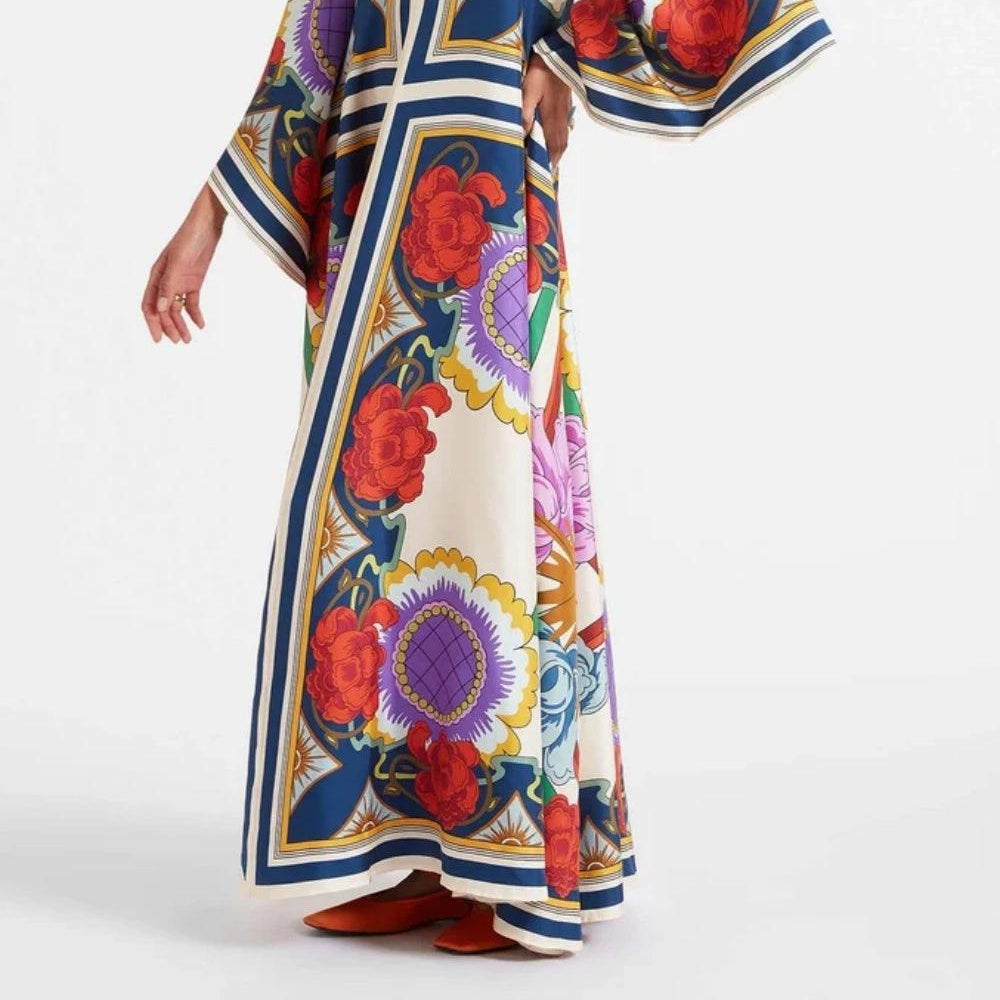Women's Elegant Floral Print Maxi Dress with Draped Waterfall Sleeves