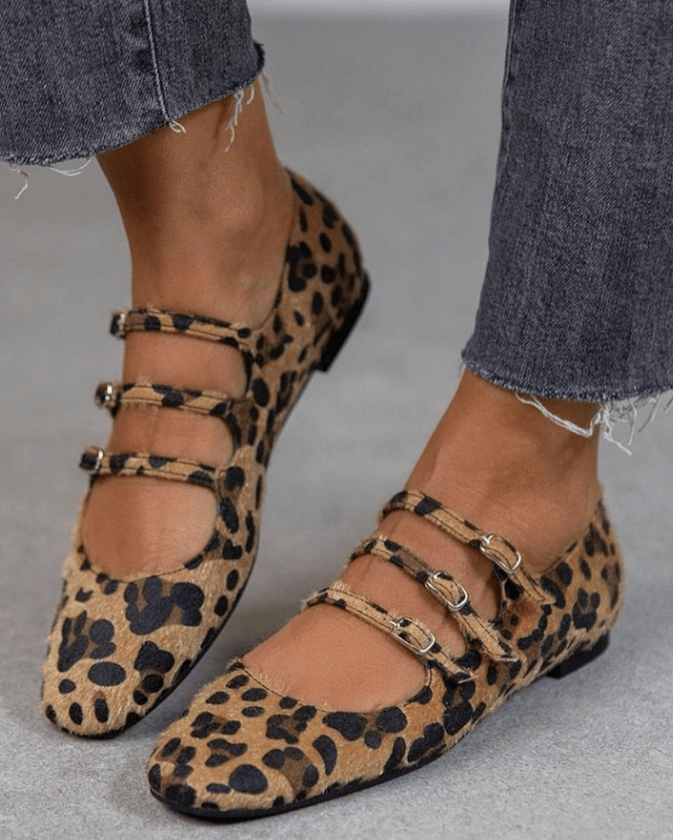 Charlotte Leopard Buckle Flats - Chic Animal-Print Slip-Ons