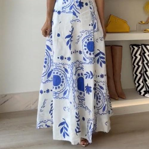 Women's Long Flared Dress with Puff Sleeves and Deep V-Neck with
