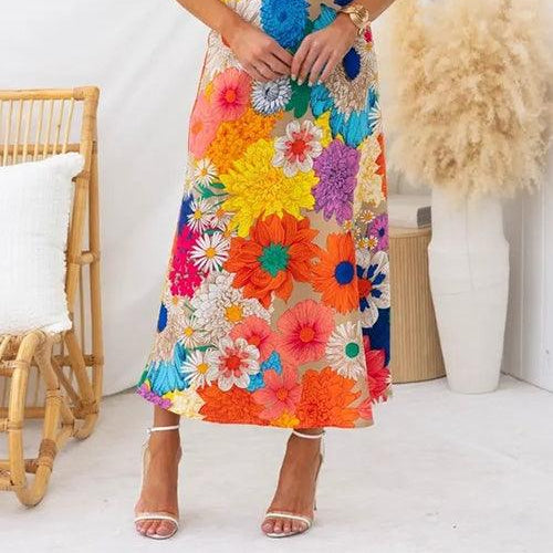 Women's Sleeveless Maxi Dress with Tie Neck, Floral Pattern, and