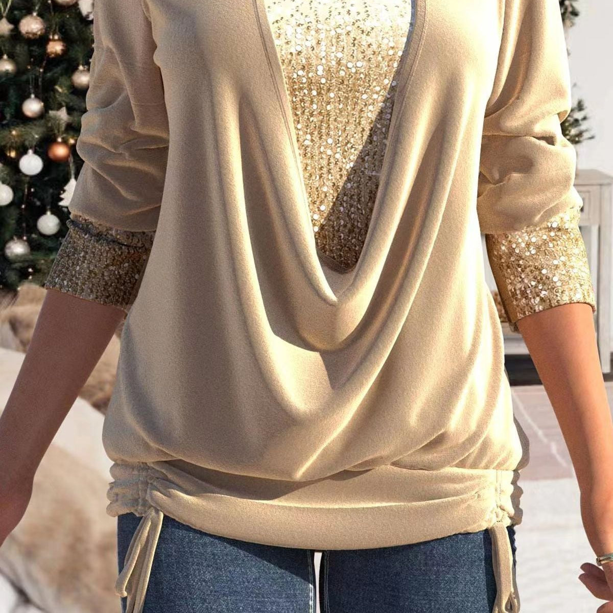 Women's Elegant Sequin-Embellished Top with Flattering Draping