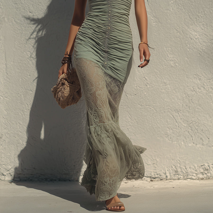 Women's Chic Ruched Lace-Panel Maxi Dress with a Flowing Hem