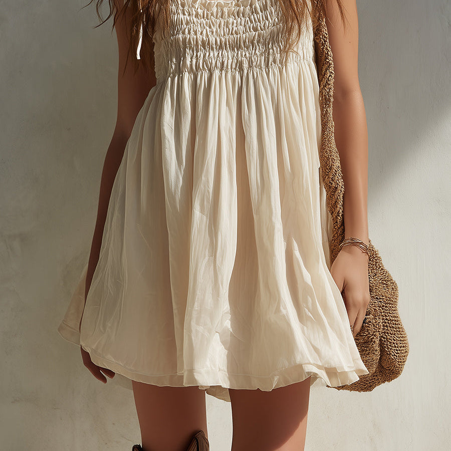 Women's Boho Shirred Mini Dress with Delicate Shoulder Ties