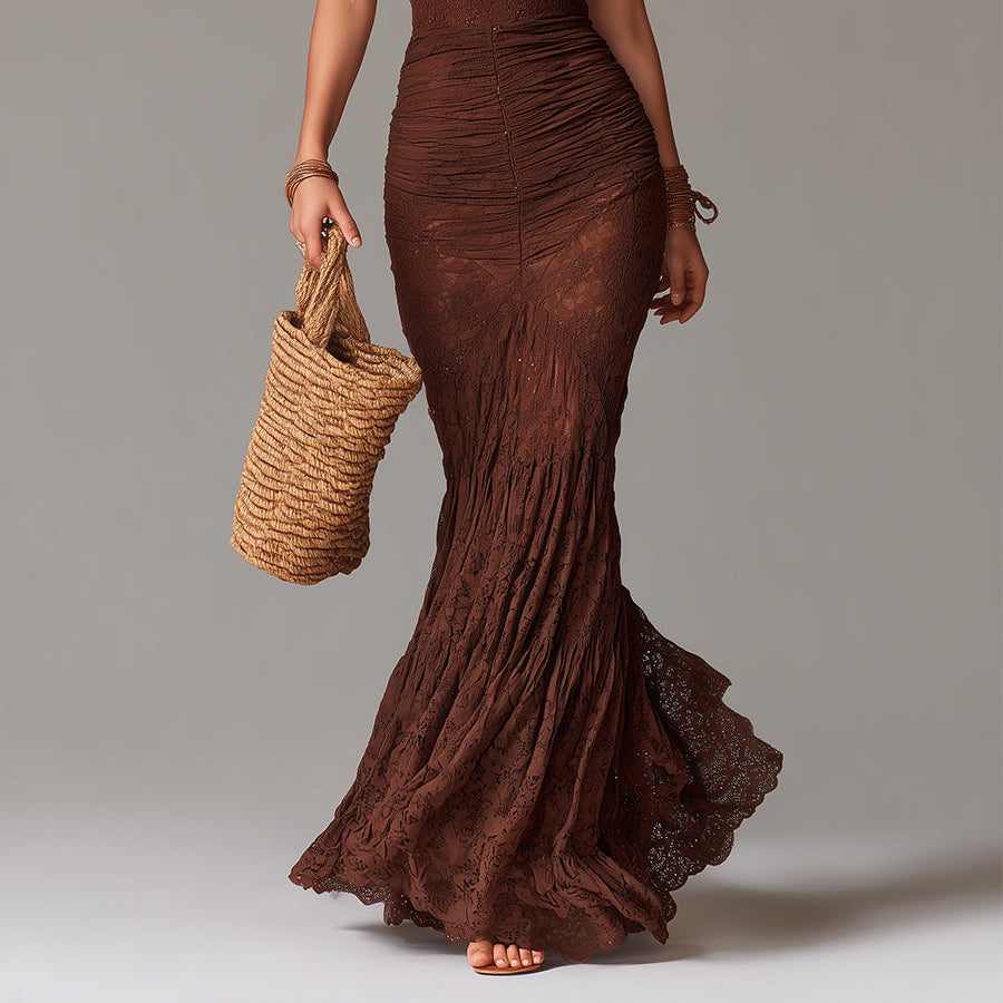 Women's Timeless Vintage Strapless Lace Maxi Dress with Elegant