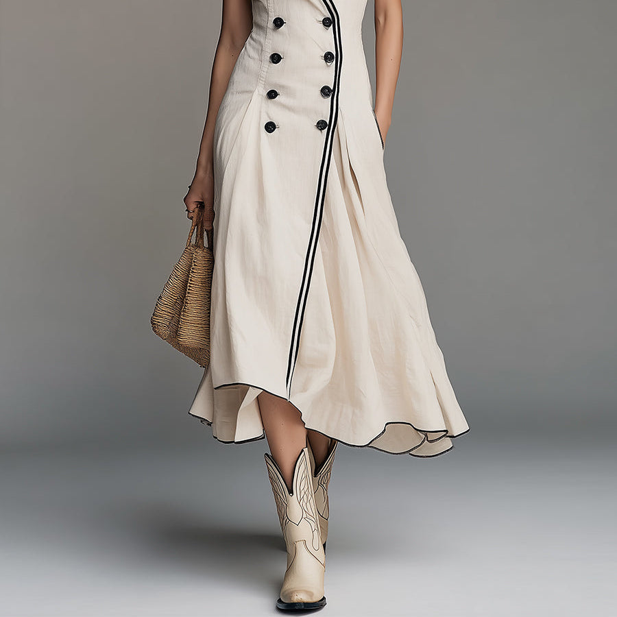 Women's Inspired Cotton-Linen A-Line Midi Dress with Contrasting
