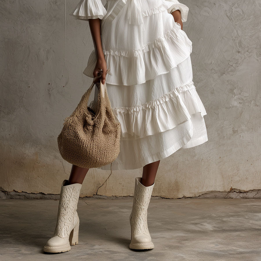 Women's Vintage Boho Ivory Bloom Ruffled Tiered Shirt Dress