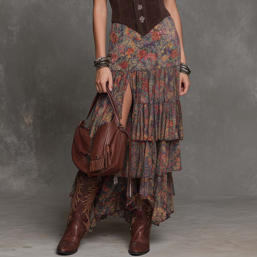 Women's Inspired Oil-Paint Floral Print Tiered Ruffle Midi Dress in