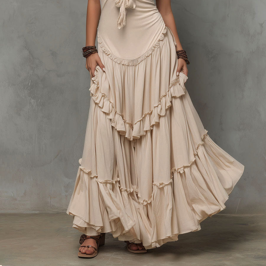Women's Chic Sandstone Ruffled Halter Maxi Dress