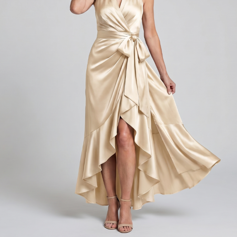 Honora | Halter Neck Wrap Asymmetric Hem Midi Dress