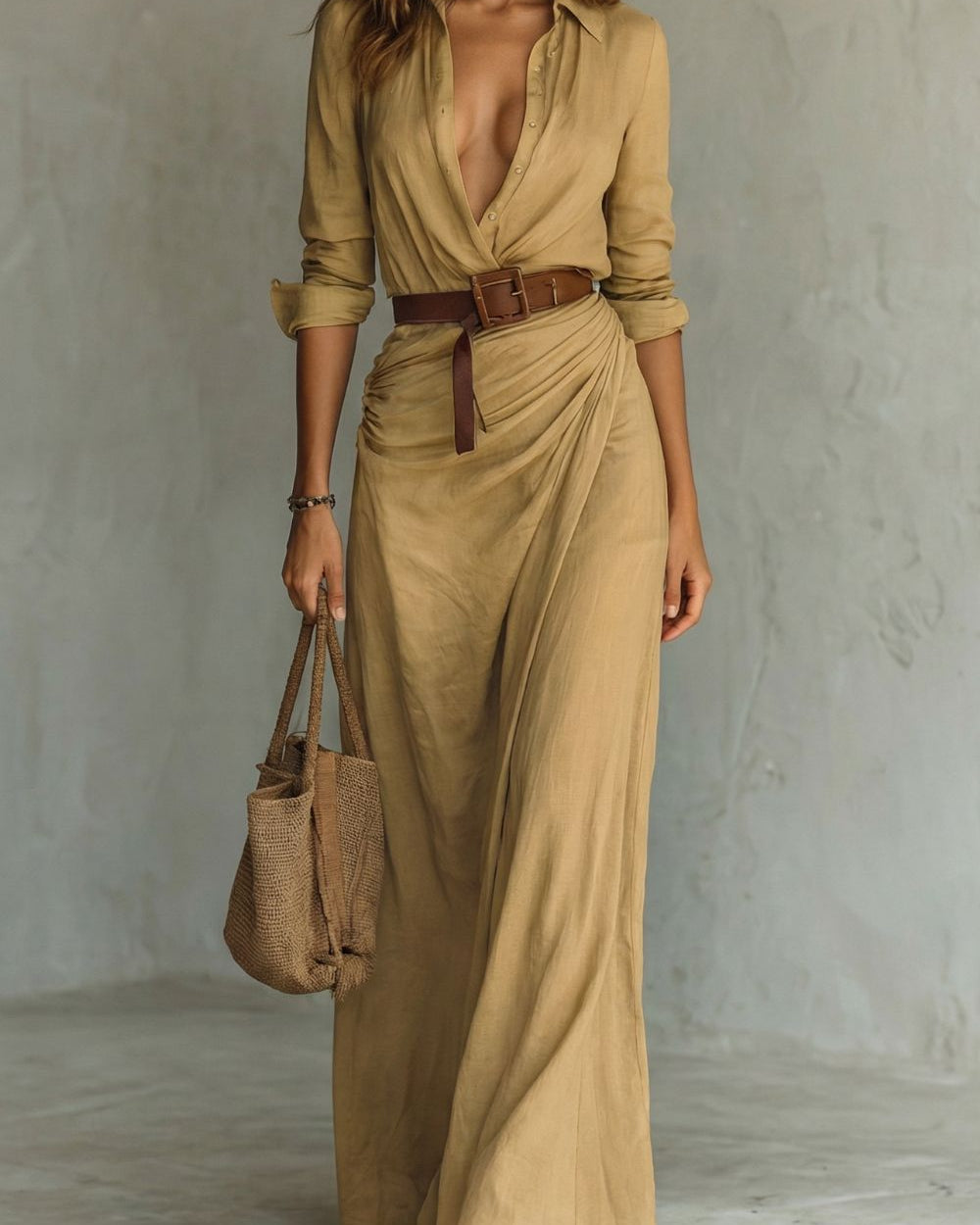 Azura Belted Button-Down Wrap Maxi Dress