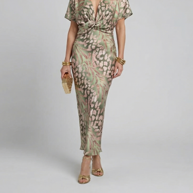 Abstract Print V Neck Twist Waist Midi Dress
