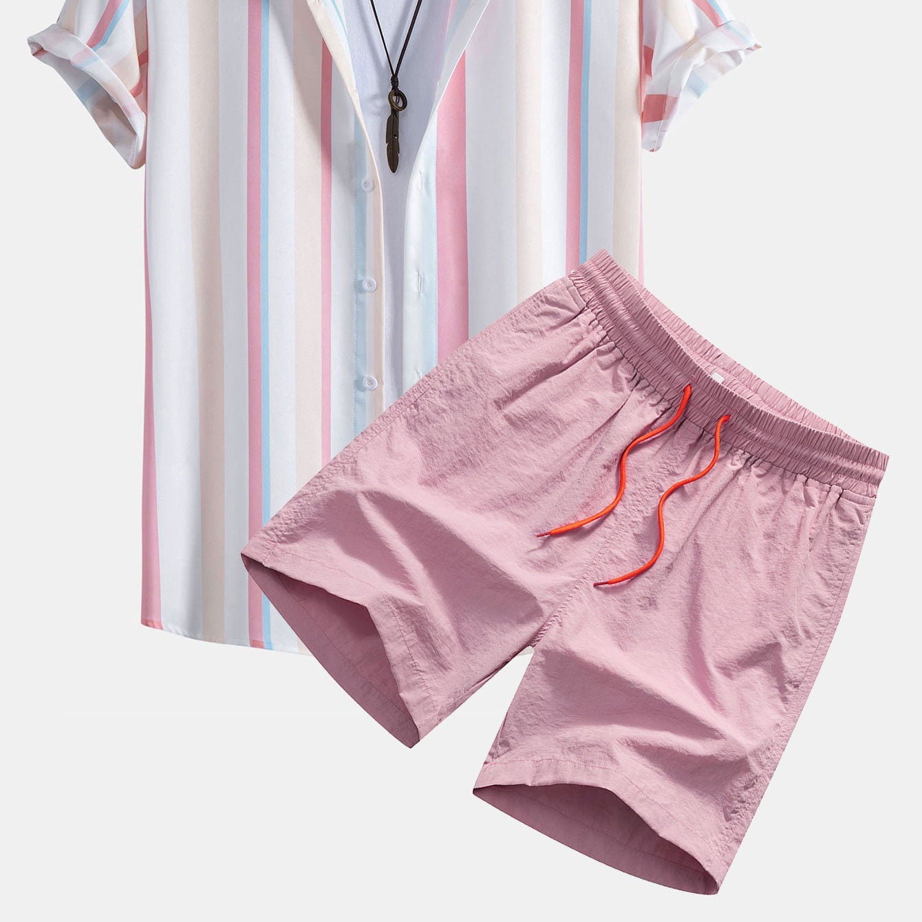 Men's Vibrant Striped Print Button-Up Shirt and Swim Shorts Set