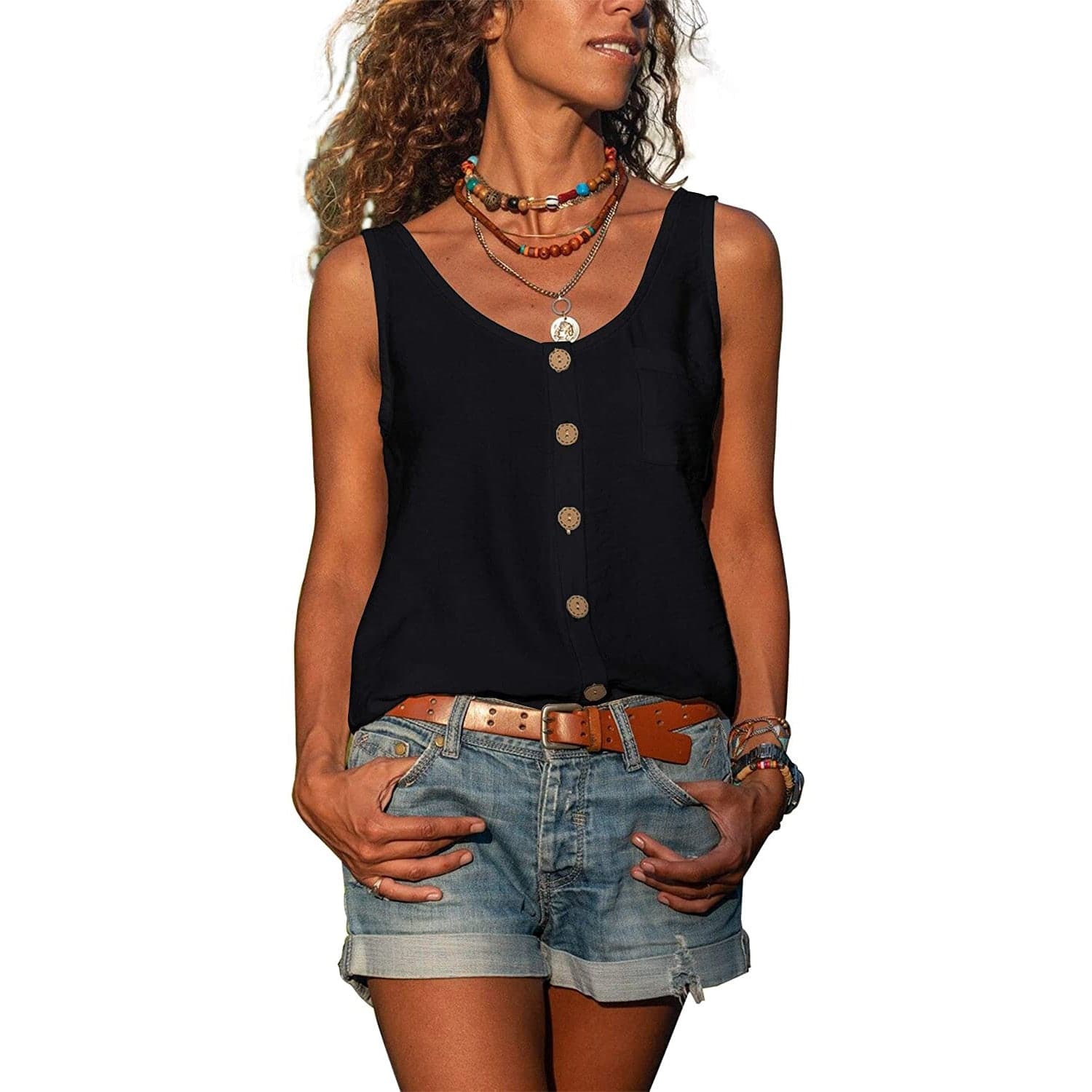 Women’s Sleeveless Button-Front Top – Relaxed Fit Casual Blouse