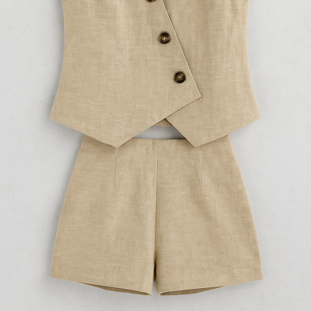 Zoya | Kvinder Sommerdobbelt sæt med wrap-top og shorts i linnedblanding - Mandel - Zoya | Kvinder Sommerdobbelt sæt med wrap-top og shorts i linnedblanding - €25 - {{ product_tags }
