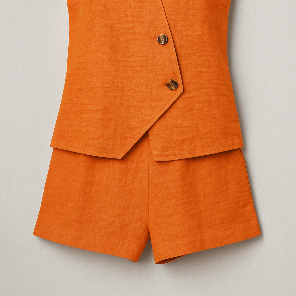 Zoya | Kvinder Sommerdobbelt sæt med wrap-top og shorts i linnedblanding - Orange - Zoya | Kvinder Sommerdobbelt sæt med wrap-top og shorts i linnedblanding - €25 - {{ product_tags }