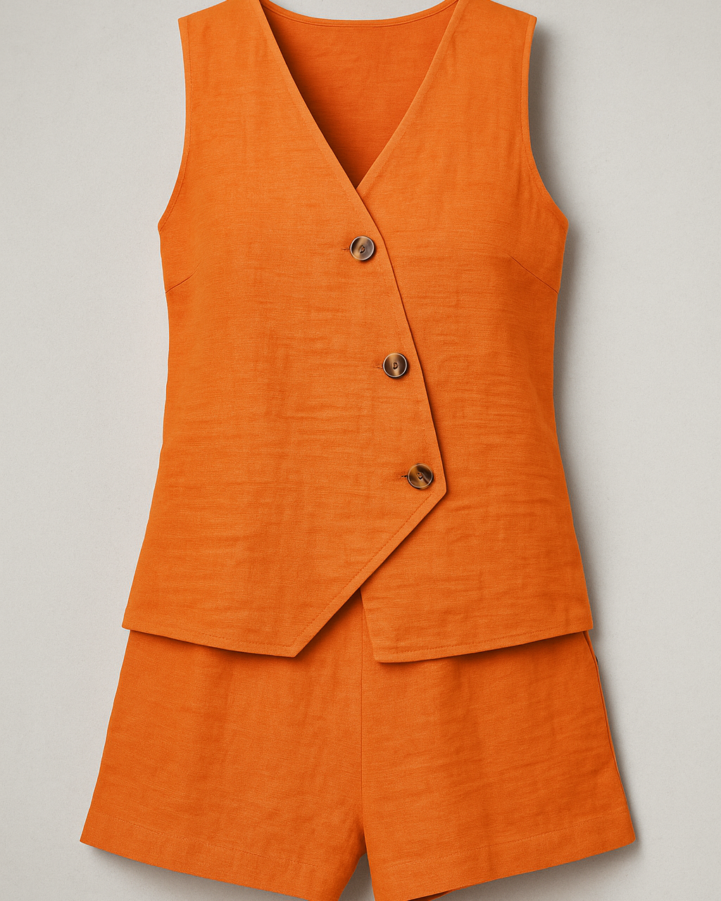 Zoya | Kvinder Sommerdobbelt sæt med wrap-top og shorts i linnedblanding - Orange - Zoya | Kvinder Sommerdobbelt sæt med wrap-top og shorts i linnedblanding - €25 - {{ product_tags }