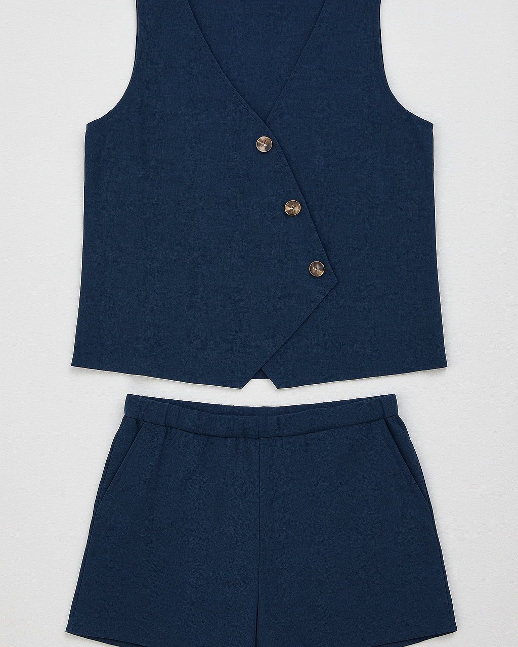 Zoya | Kvinder Sommerdobbelt sæt med wrap-top og shorts i linnedblanding - Marineblau - Zoya | Kvinder Sommerdobbelt sæt med wrap-top og shorts i linnedblanding - €25 - {{ product_tags }