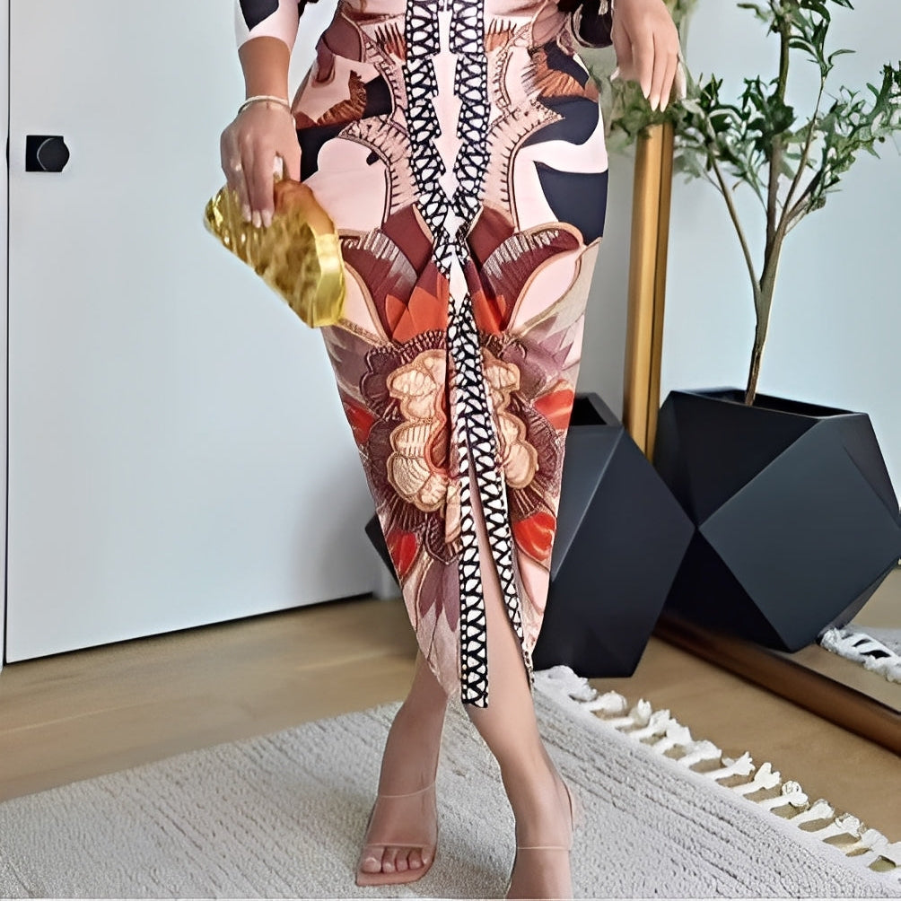Women's Long Vintage Baroque Dress with Long Sleeves and Deep V-neck,