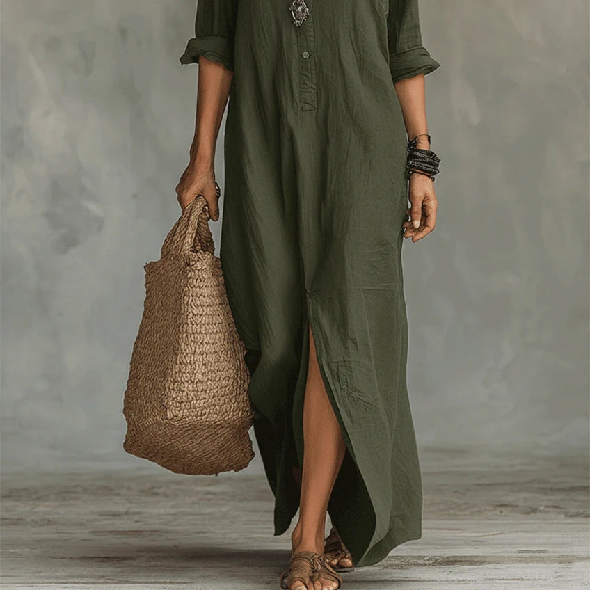 Soline™ | Loose Black Maxi Dress with Buttons