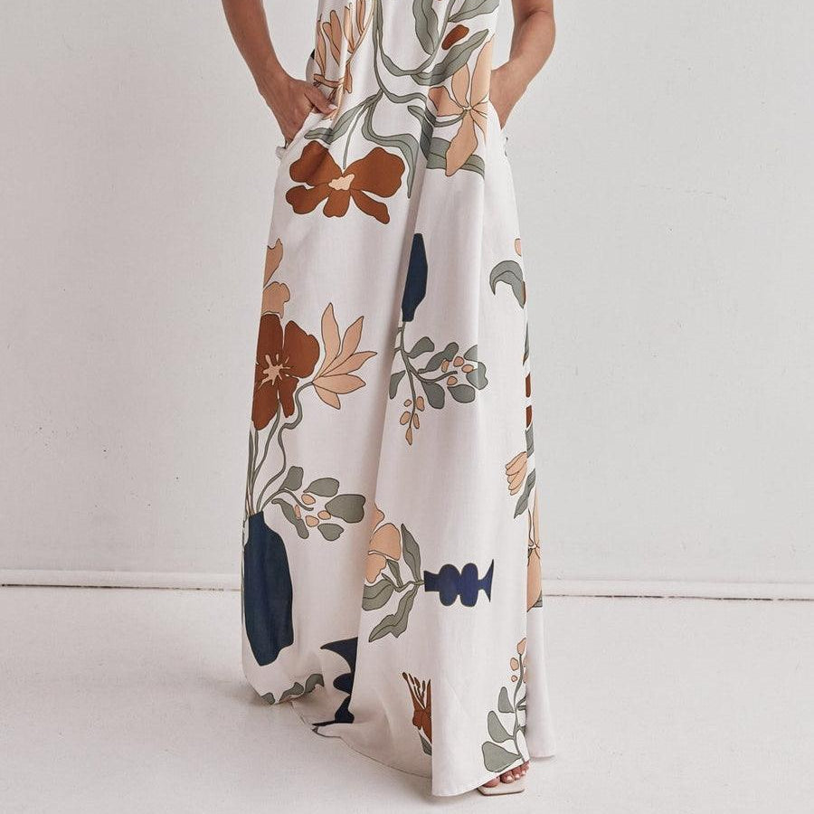 Women's Elegant one-shoulder maxi dress with printed design