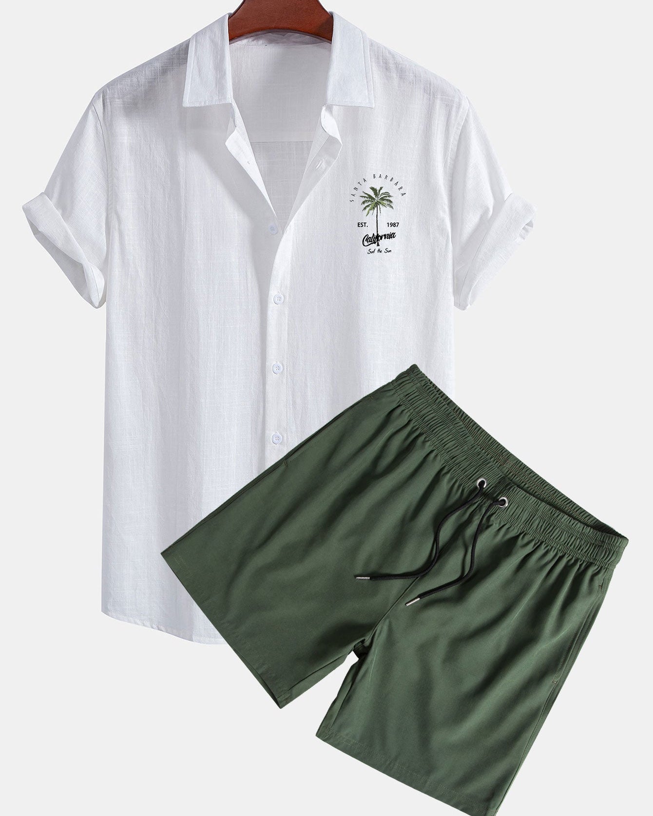 California Palm Tree Print Linen-Look Cotton Button-Up Shirt & Swim Shorts Set