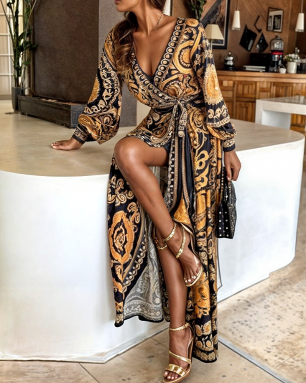 Bohemian Maxi Dress in Golden Print with a Bold High Slit