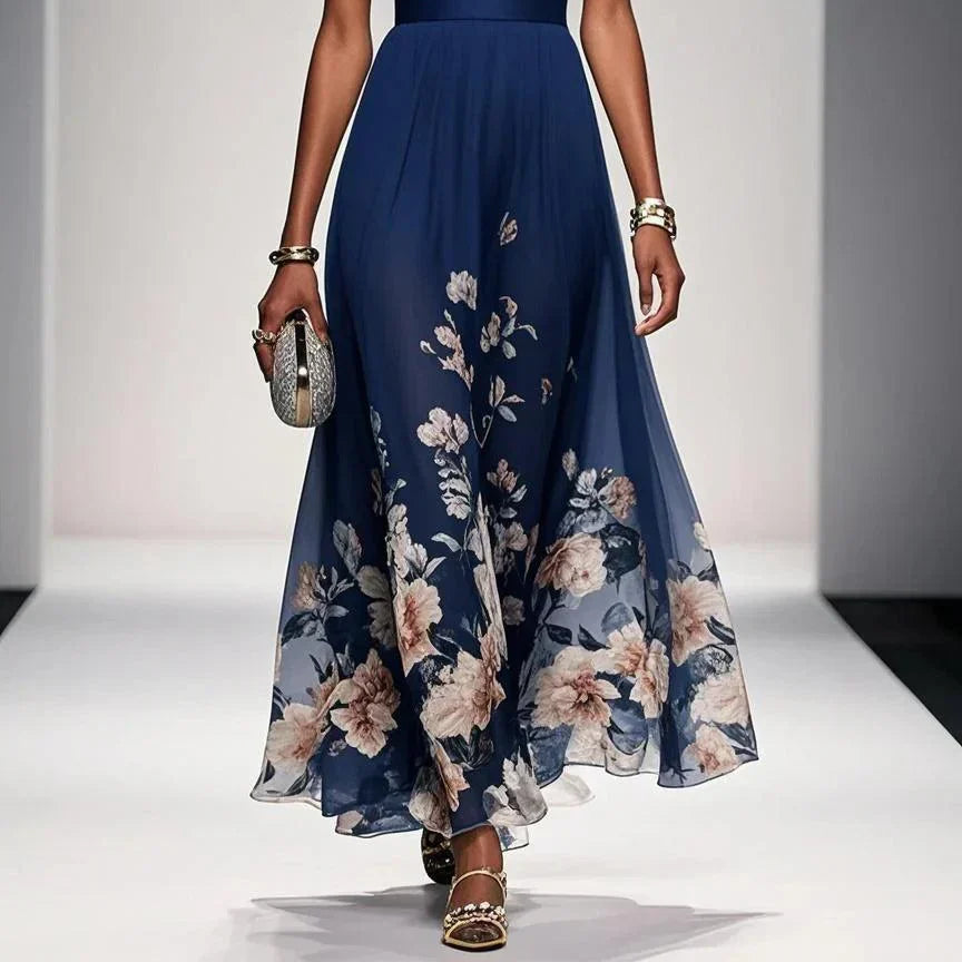 Women's Elegant Light Blue Floral Chiffon V-Neck Sleeveless A-Line