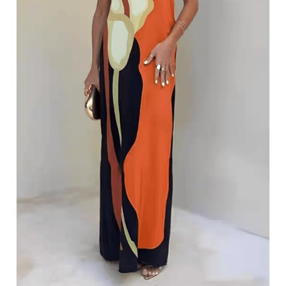Women's Sleeveless Strapless Color Block Pattern Long Dress