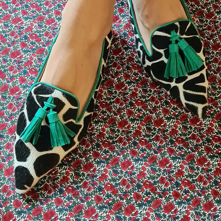 Women's Toe Loafer in Giraffe Print with Green Fringe