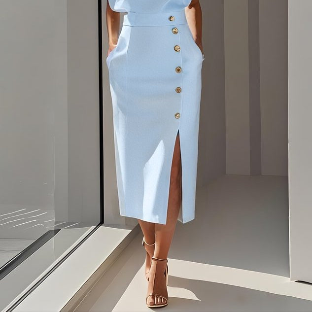 Audrey Button-Detail Sleeveless Midi Dress