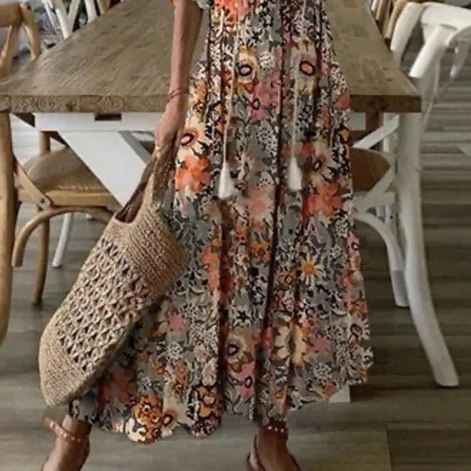 Women's Elegant Casual Long Dress with V-Neck Print