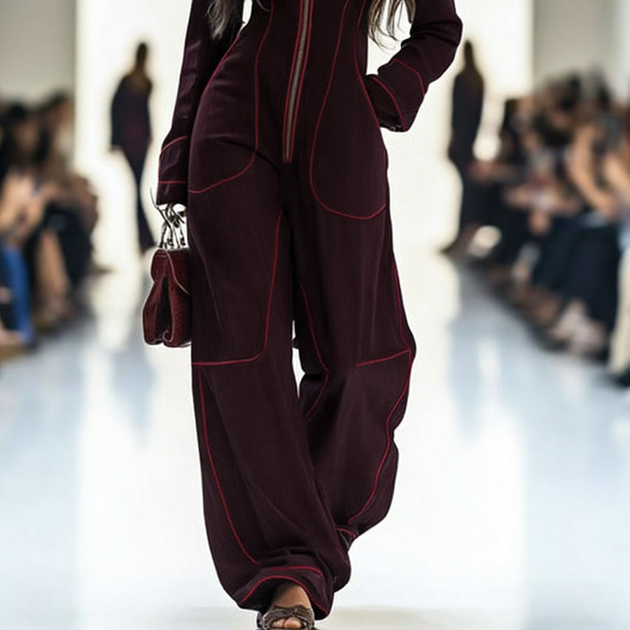Women’s Long Sleeve Wide Leg Jumpsuit – Zip Front – Stand Collar