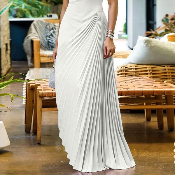 Asymmetric Pleated Mock-Neck Maxi Dress