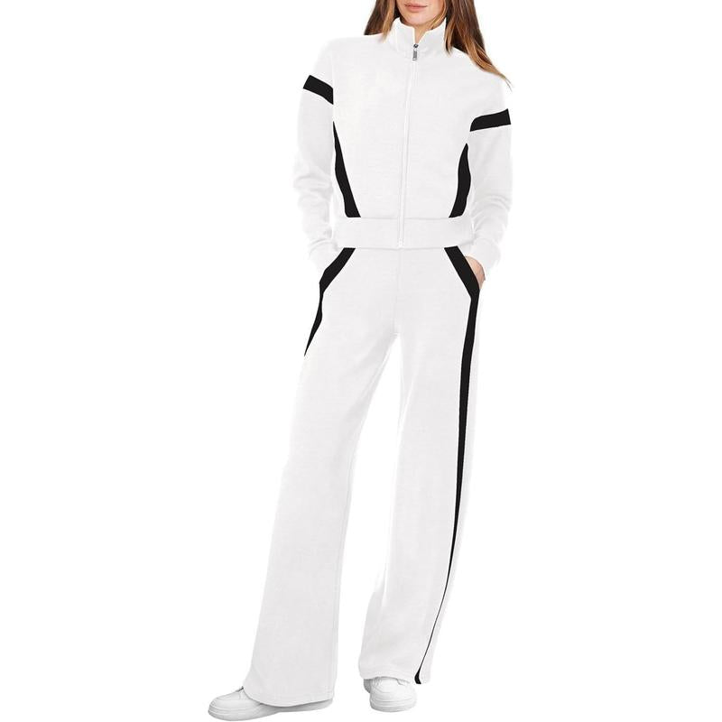 Women’s Zip-Up Sporty Sweatsuit with Flattering Wide-Leg Pants Set