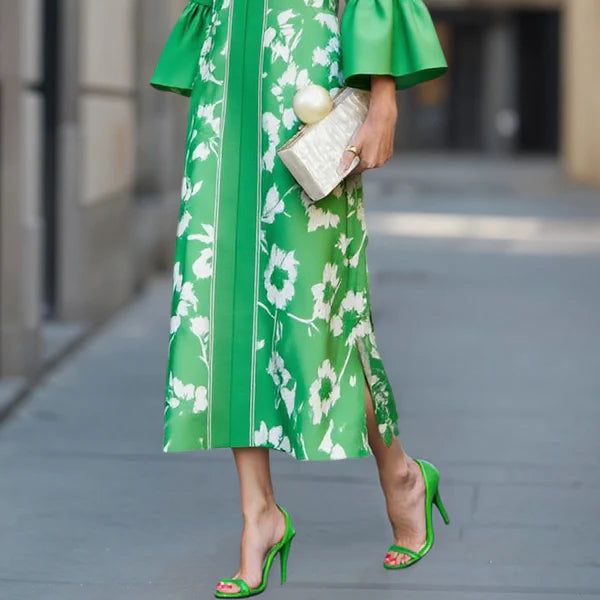 Flowy Maxi Dress with Bell Sleeves and Floral Pattern with Elegant Side Slit